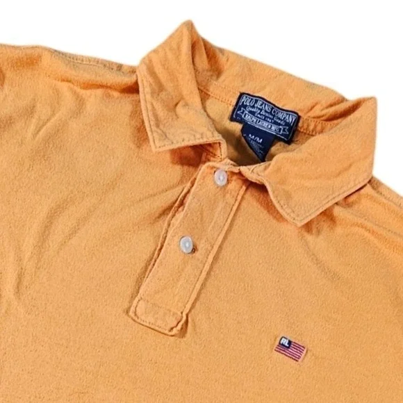 Vintage Polo Jeans Co Ralph Lauren Orange Polo Shirt Men's Medium American Flag - Picture 1 of 7